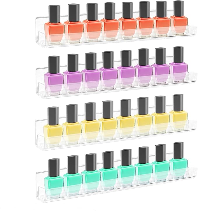 ROYALITA 8-Pack Acrylic Shelves - Nail Polish Organizer Wall Mounted Shelves, Nail Polish Rack with Removable Anti-Slip End Inserts, Nail Polish Holder for Bottles Nail Polish Display & Storage Shelf