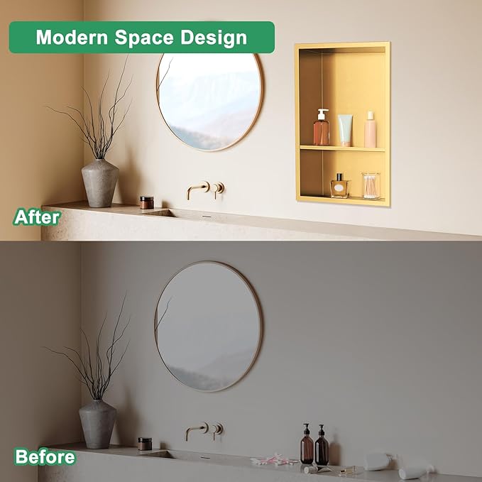 SaniteModar Shower Niche, Stainless Steel Shower Niche No Tile Needed, Recessed for Bathroom Storage (Brushed Gold, 18" x 12" Double)