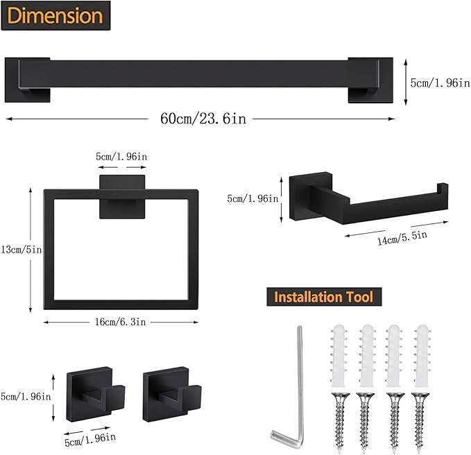 5 Piece Bathroom Towel Bar Set - SUS304 Stainless Steel Bath Towel Holder, 23.6 Inch Towel Racks for Bathroom Wall Mounted, Bathroom Hardware Accessories Set - Matte Black