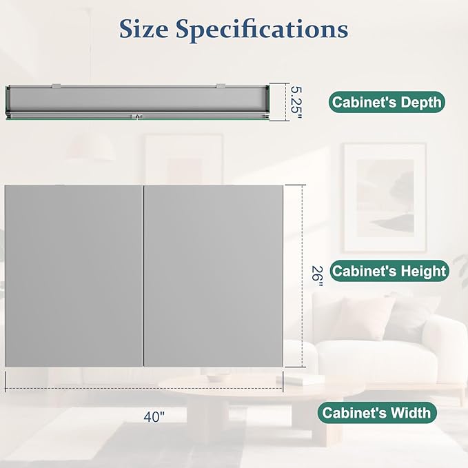 Bathroom Medicine Cabinet Mirror with Storage, 40 Inch x 26 Inch Silver Medicine Cabinet with Double Door & Adjustable Shelves for Vanity, Aluminum Surface, Wall-Mount or Recessed