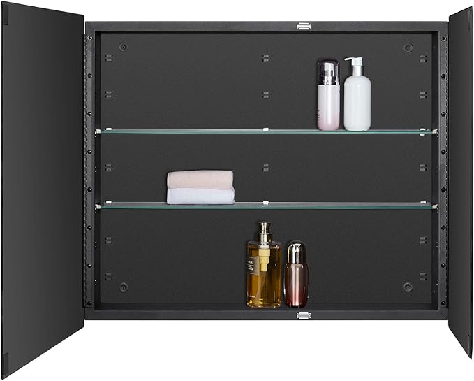IDYLLOR Black Bathroom Medicine Cabinet with Beveled Edge Mirrored Door 30 x 26 inch, Recessed or Surface Mount, with Adjustable Glass Shelves