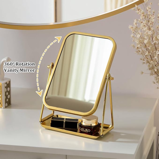 Gold Desk Mirror Rectangular Tabletop Vanity Makeup Mirrors with Metal Stand and Storage 360°Rotation Adjust Table Mirror Portable Cosmetic Mirrors for Dressing Bathroom Bedroom