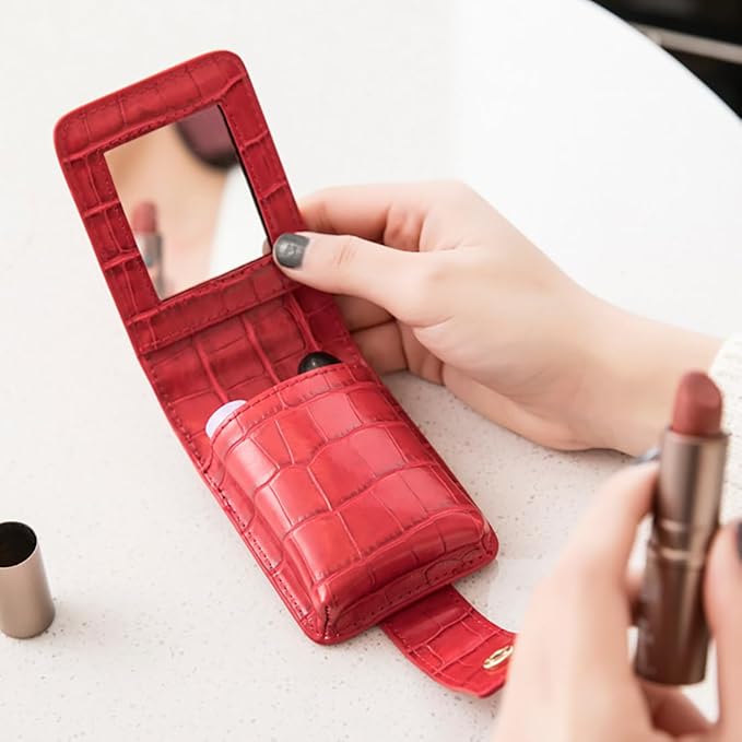 Lipstick Case, Genuine Leather Lipstick Case with Mirror, Lipstick Organizer Mini Cosmetic Storage for Women