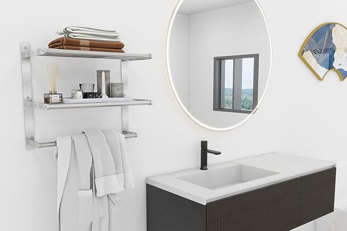BETHOM Towel Shelf for Bathroom Wall Mounted, 3-Tier Hotel Style Towel Rack with Towel Bars, Brushed Nickel Towel Racks for Bathroom Lavatory, 16 Inch