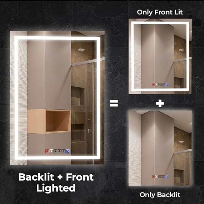40x32 Inch Rectangular LED Bathroom Mirror with Lights Front and Backlit, 3 Color Modes, Touch Dimmer, Anti-Fog - Wall Mounted Vanity Mirror for Bathroom, Bedroom - Fab Glass and Mirror