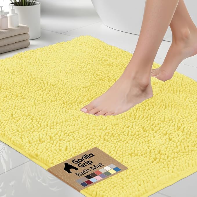 GORILLA GRIP Bath Rug Mat 44x26, Thick Soft Absorbent Chenille, Quick Dry Microfiber Mats, Rubber Backing Washable Shower Floor Rugs, Bathmat Runner, US Designed Bathroom Home Decor Accessories Yellow