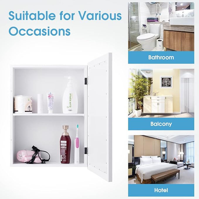 FUTADA Bathroom Medicine Cabinet with Mirror, Wall-Mounted Storage Organizer, Adjustable Shelf & Single Door, Modern Mirror Cabinet for Living Room, Bedroom, Hallway (White)
