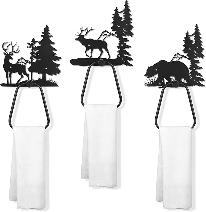 Peryiter 3 Pcs Bear Towel Holder Rustic Towel Racks Cabin Bathroom Decor Black Bear Deer Wipe Ring Wall Decorations Farmhouse Kitchen Gifts
