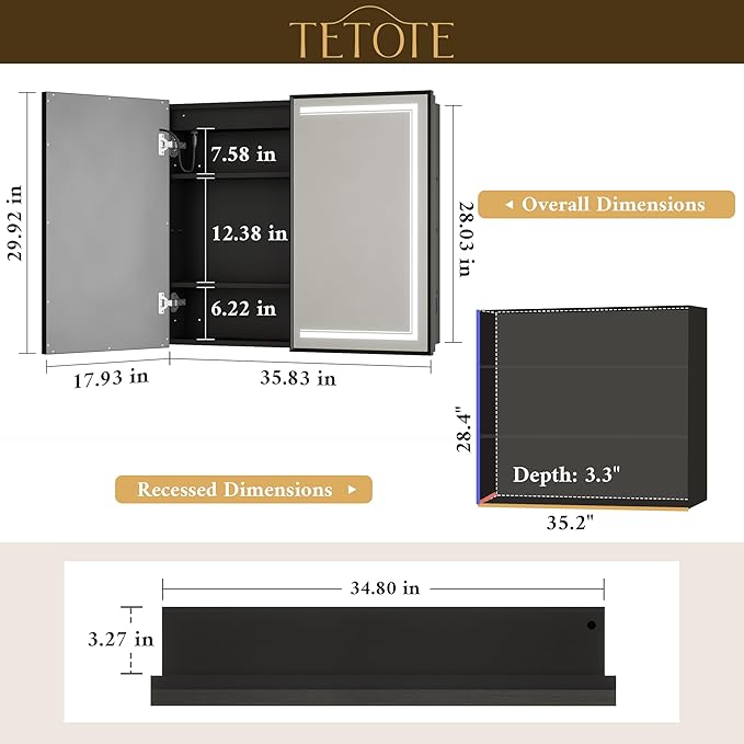 TETOTE Black Lighted Medicine Cabinet Mirror for Bathroom 36 x 30 Led Medicine Cabinet Recessed or Wall Mounted with 2 Door, Tempered Glass, 2 Outlets, 3-Color Dimming, Anti-Fog, Adjustable Shelf