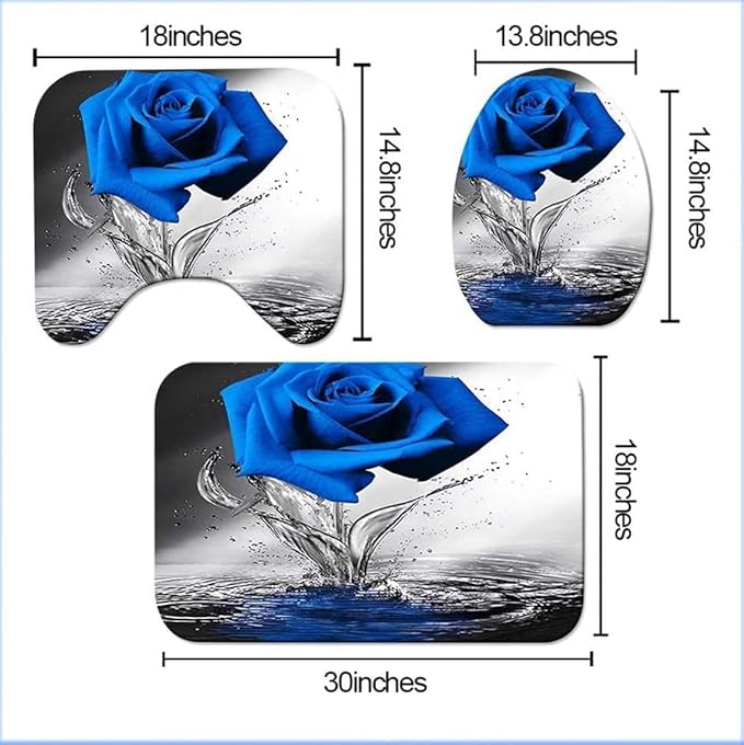 Blue Rose Bathroom Set with Shower Curtain and Non-Slip Rugs, Bath Mat, Toilet Lid Cover and 12 Strong Hooks - Modern Style for Bathroom