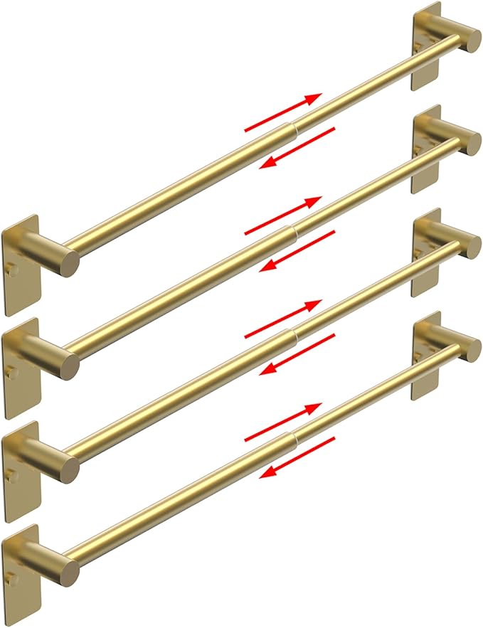 Towel Bar, 14inch to 25inch Adjustable Towel Holder Rod, Self Adhesive Wall Mounted Hand or Body Towel Rack for Bathroom Kitchen, Stainless Steel Organizer Single Bar (Gold, 4 Pack)