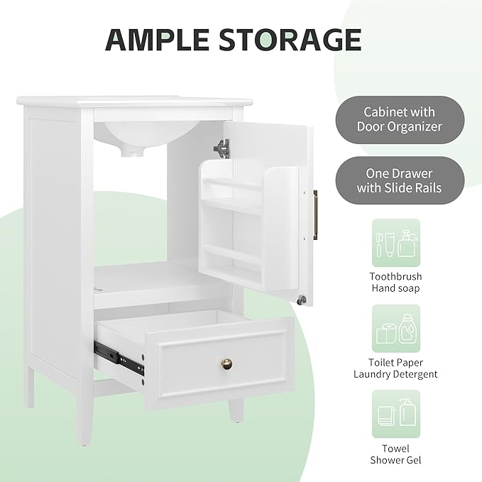 Virubi 20 in Small Bathroom Vanity with Sink,Solid Wood Modern Single Bathroom Sink Cabinet with Soft Closing Door and Drawer,Freestanding White
