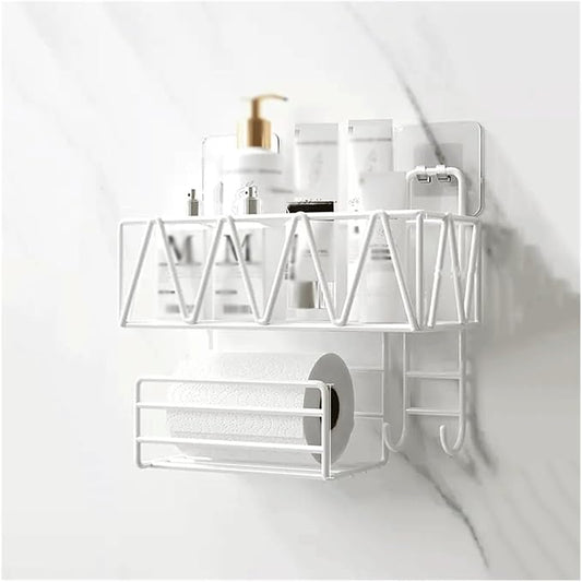 Bathroom Shelves Toilet Wall Storage Rack Washstand Double Layer Cosmetic Storage Rack with Tissue Holder and Hook Wall Mounted Metal Storage Rack Without Punching Wall Mounted Shelf(White)