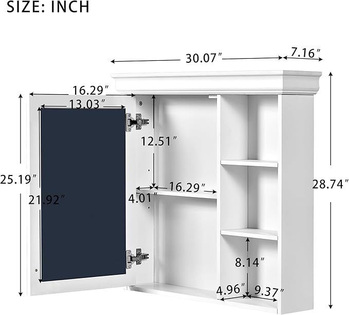 Merax Modern Bathroom Medicine Cabinet with Mirror, 30" x 28" Wall Mounted White Medicine Cabinet with Storage and Open Shelves,Over The Toilet Mirrored Bathroom Storage Wall Cabinet