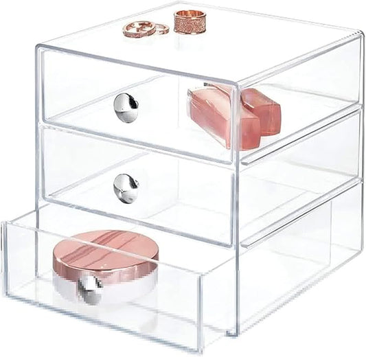 Makeup Drawer Organizer Box with 3 Drawers, Acrylic Cosmetic Display Case Vanity Organizer Jewelry Storage Box Stackable Storage for Cosmetics, Skin Care, Bathroom, Countertop, Silver Handle