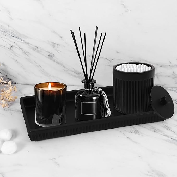 XLHOMO Resin Matte Black Bathroom Accessories Set 5 Pcs, Lotion Soap Dispenser, Toothbrush Holder, Bathroom Tumbler, Qtip Holder and Vanity Tray, Bathroom Countertop Organizer Set for Home Apartment