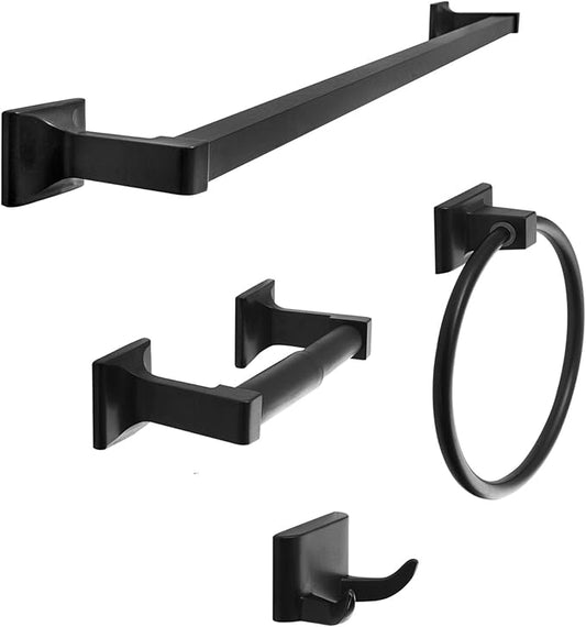 SENTO Cellar Classic Bathroom Accessories Set, Heavy Duty Metal Bath Hardware Set Wall Mounted, Includes Robe Hook, Standard Toilet Paper Holder, Towel Ring, 24” Towel Bar (4-Piece, Matte Black)