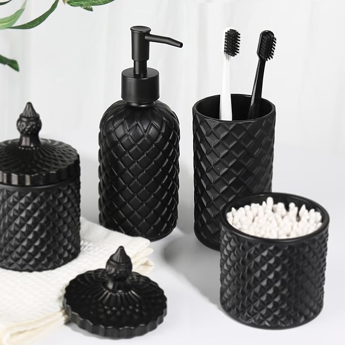 RYTOXILO Matte Black Bathroom Accessories Set, 4 Pack Black Bath Accessory Sets Complete, Diamond Glass Soap Dispenser and Toothbrush Holder Set for Countertop, Gothic Decor Organizer Essentials
