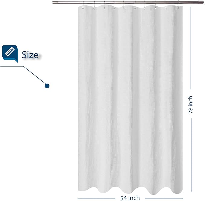 Long Stall Shower Curtain 54 x 78 inch, Fabric, Waffle Weave, Hotel Luxury Spa, 230 GSM Heavy Duty, Water Repellent, Machine Washable, Spa, White Pique Pattern Decorative Bathroom Curtain
