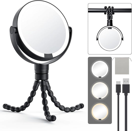 Gospire 5.85” Tripod Travel Makeup Mirror with Lights and Magnification 1X/10X, 4 in 1 Winding Hanging Handheld Tabletop, 3 Light Colors and Adjustable Brightness – Black