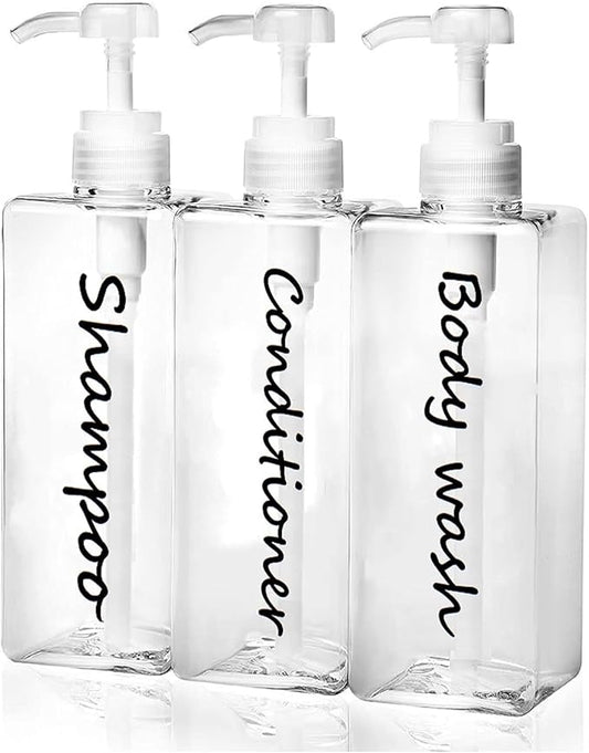 21oz Refillable Shampoo and Conditioner Bottles - Clear Set of 3 - Modern Shower Dispenser Set for Hotel Bathroom