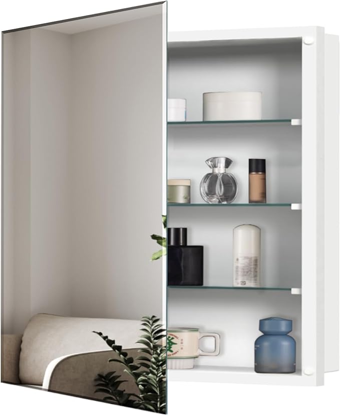 Medicine Cabinet with Beveled Mirror, 28x28 inch Square Mirror Cabinet, Recessed or Wall Mount, Bathroom Cabinet with Removable Shelves, Storage Suitable for Bathroom Bedroom