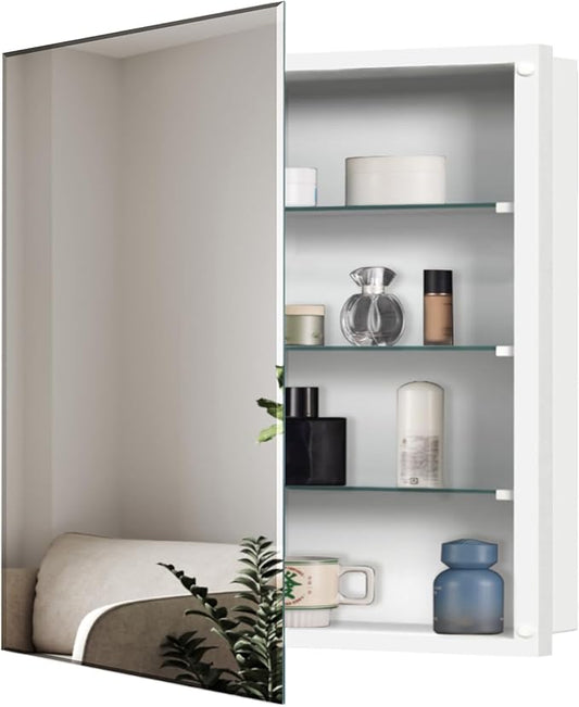 Medicine Cabinet with Beveled Mirror, 28x28 inch Square Mirror Cabinet, Recessed or Wall Mount, Bathroom Cabinet with Removable Shelves, Storage Suitable for Bathroom Bedroom