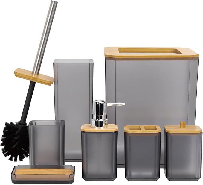 CERBIOR Bathroom Accessories Set 7 Piece Bath Ensemble Includes Soap Dispenser, Toothbrush Holder, Toothbrush Cup, Soap Dish for Decorative Countertop and Housewarming Gift (Gray)