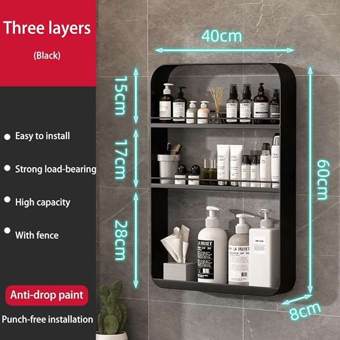 Punch- Bathroom Shelf, Wall-Mounted Makeup Organizer, Cosmetic Storage Rack, Multi-Layer Large Capacity, 10kg Load-Bearing,Black-40 * 60cm