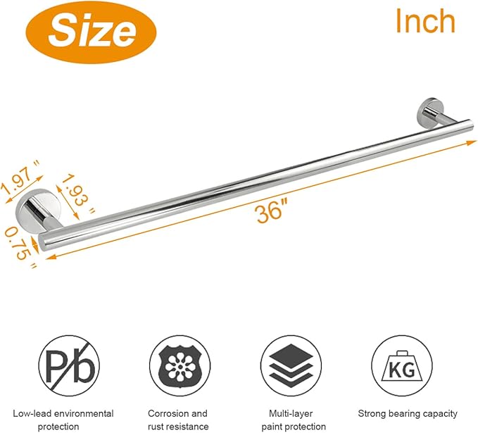 TocTen Bath Towel Bar - Thicken SUS304 Stainless Steel Bathroom Towel Holder, Towel Rod for Bathroom Heavy Duty Wall Mounted Towel Rack Hanger (36IN, Polished Chrome)