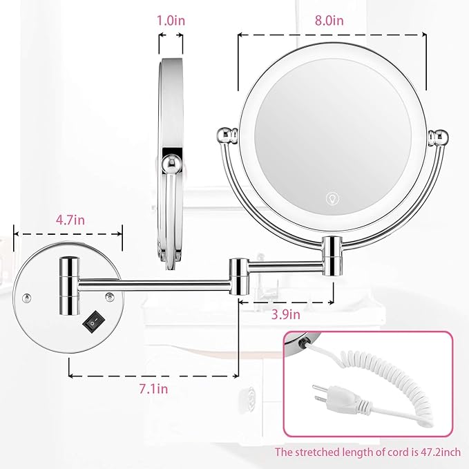 Wall Mounted Lighted Makeup Mirror, 8 Inch Double-Sided 1X 5X Magnifying Mirror for Bathroom, 11'' Extendable Arm, 360° Swivel, Touch DimmableLED Lights, Powered by Plug in, Chrome