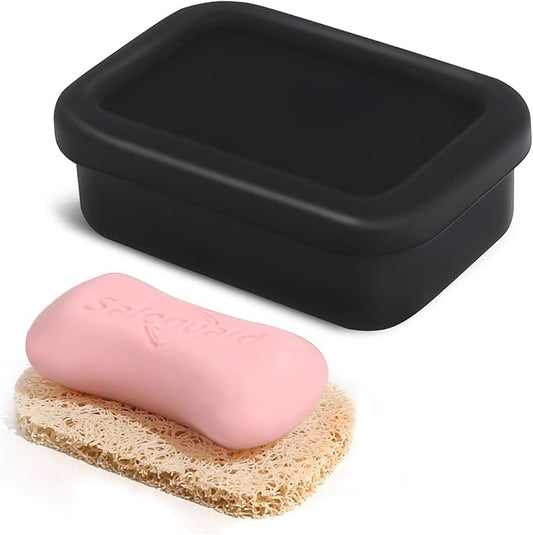 HighHerz Leak Proof Silicone Travel Soap Case with Draining Tray - Bar Soap Holder for Travel, Gym & Camping - Mess-Free Portable Soap Container for Carry-on Bags (Black)