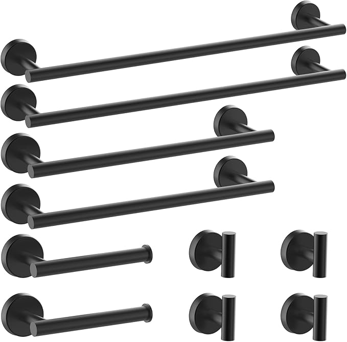 Newfun 10 Pieces Matte Black Bathroom Hardware Set - Includes 24 inch Towel Bar, Robe Hook, Toilet Paper Holder, Stainless Steel Bathroom Accessories Set for Bathroom Wall Mounted