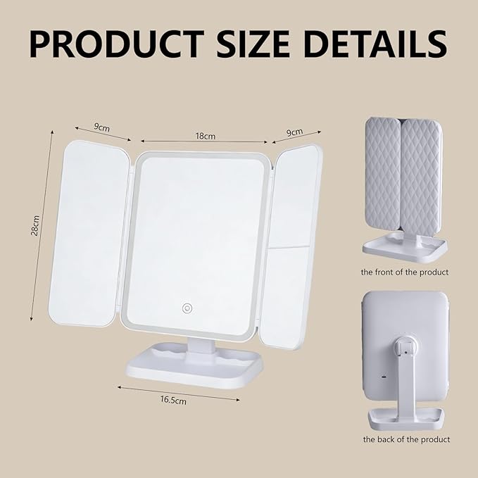 LED Foldable Makeup Mirror with 1x/2x/3x Magnification, 3 Color Lighting Modes, Touch Control Dimmable Vanity Mirror, Rechargeable Cosmetic Mirror for Travel & Home (Small)