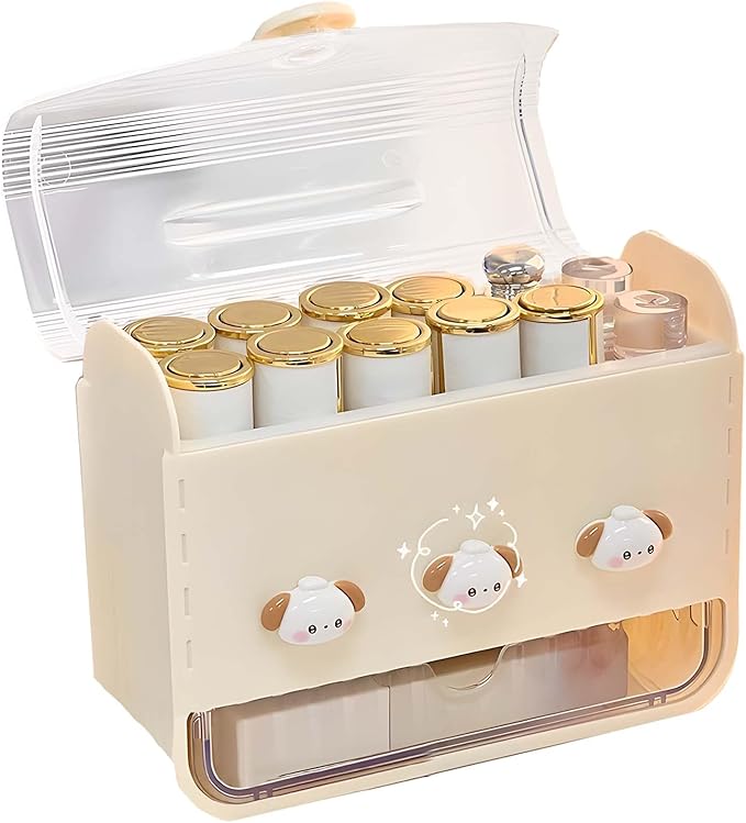 Lipstick Organizer Storage Box with 12 Slots and Drawer, Dust-proof Vanity Case for Lip Gloss, Chapstick, and Cosmetics - Desktop Makeup Container (Yellow)