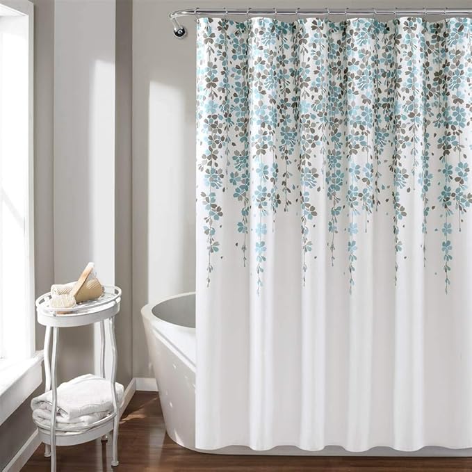 Lush Decor Weeping Flower Shower Curtain 72"W x 72"L Blue & Gray - Fabric Shower Curtains for Bathroom - Floral Bathroom Curtain - Cottage Core Decor