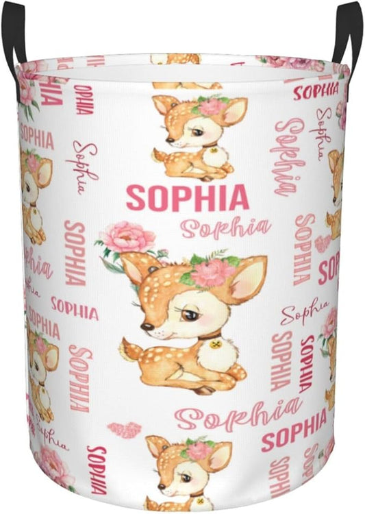 Personalized Deer Laundry Baskets, Custom Deer Gifts with Customized Name, Collapsible Laundry Hamper for Kids Adults Home Decoration,16.5 X 13.8in