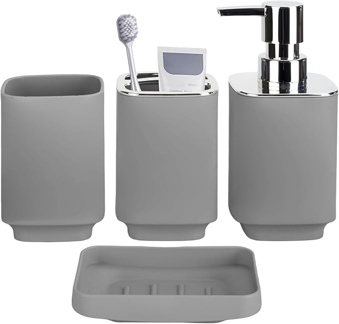 4 Piece Bathroom Accessories Set, Boho Bathroom Decor, Bathroom Sets Complete, Soap Dispenser, Toothbrush Holder, Mousewash Cup and Soap Dish, Bathroom Sink Set for Modern Home Decor