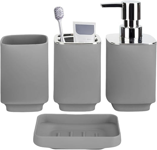 4 Piece Bathroom Accessories Set, Boho Bathroom Decor, Bathroom Sets Complete, Soap Dispenser, Toothbrush Holder, Mousewash Cup and Soap Dish, Bathroom Sink Set for Modern Home Decor