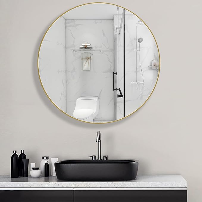 FOAMYKO Round Medicine Cabinet, Circular Bathroom Mirror Cabinet, Wall Surface Mounted Storage Farmhouse Cabinet (Gold, 30"x30")