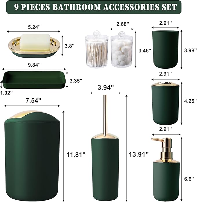 BSSN Green Bathroom Accessories Set, Luxurious 9-Piece Bath Decor Set with Trash Can, Toilet Brush, Gold Pump Soap Dispenser, Multi-Slot Toothbrush Holder, Qtip Jars, Vanity Tray and Tumbler