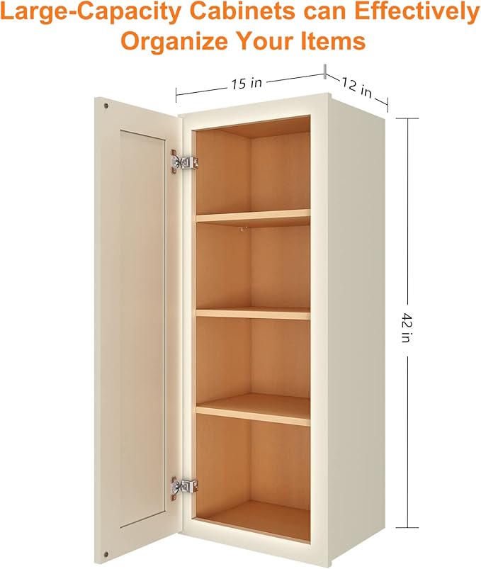 ROOMTEC Wood Wall Cabinet, RTA Single Door Medicine Cabinet with Adjustable Shelves and Soft-Close Door for Kitchen, Bathroom, and Laundry. 12" D*15" W*42" H, Shaker Antique White