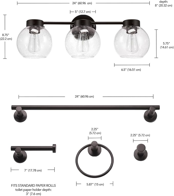 Globe Electric 63000202 5-Piece All-in-One Bathroom Accessory Set with 24" 3-Light Vanity Light, Dark Bronze, Seeded Glass Shades, Towel Bar, Robe Hook, Toilet Paper Holder, Towel Ring, Powder Room