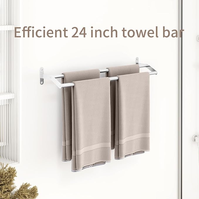 Double Towel Bar for Bathroom Wall 24 Inch, Double Towel Racks for Bathroom Wall Mounted, Stainless Steel Bathroom Towel Holder Towel Hanger (Double Bar-Brushed Nickel, 24 in)