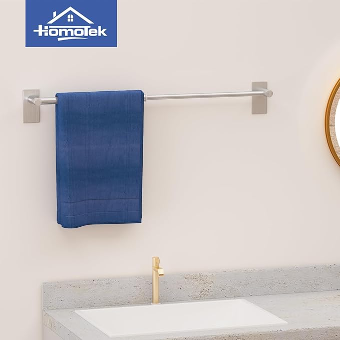 Adhesive Adjustable Towel Bar, HOMOTEK Economical Self Stick Bathroom Towel Holders, Towel Rod Size from 12 Inch to 22 Inch Single Rack Hanger for Kitchen(1 Pack Brushed Stainless Steel)