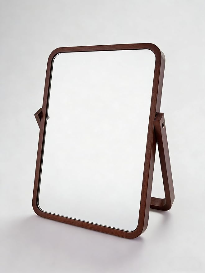 Honeystore Solid Wood Makeup Mirror, 360° Rotating Desktop Vanity Mirror, 9" x 7.1" HD Silver Mirror, Natural Wood Frame, Portable Tabletop & Wall Hanging Cosmetic Mirror (Dark Brown)