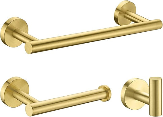 Nolimas 3-Pieces Brushed Gold Bathroom Hardware Set SUS304 Stainless Steel Round Wall Mounted Includes 12" Hand Towel Bar,Toilet Paper Holder,Robe Towel Hooks,Bathroom Accessories Kit