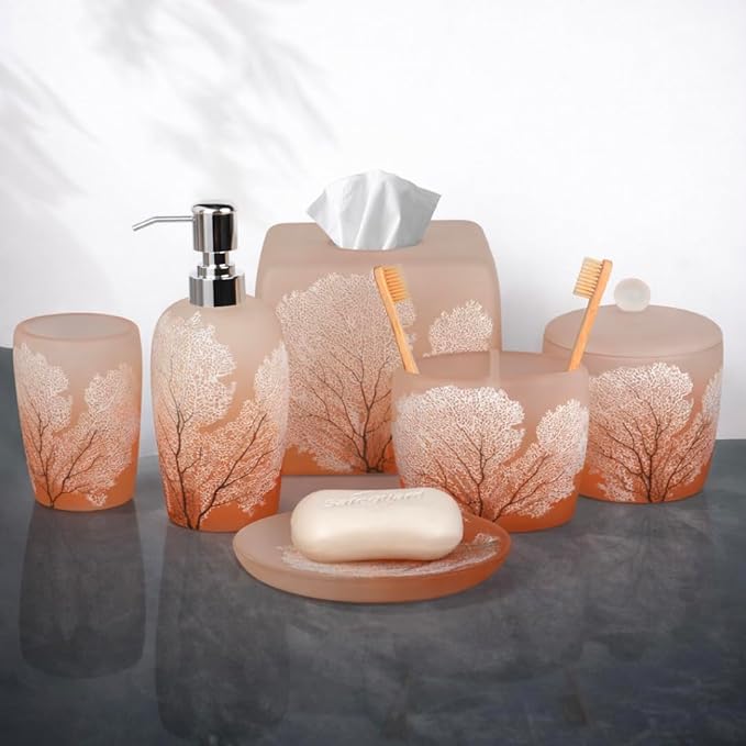Decozen Bathroom Accessories 6Pcs Set, Soap Dispenser, Toothbrush Holders, Tumbler, Soap Dish & Cotton Swab Jar – Modern Bathroom Decor, Modern Farmhouse Decor, Countertop Accessories, Orange