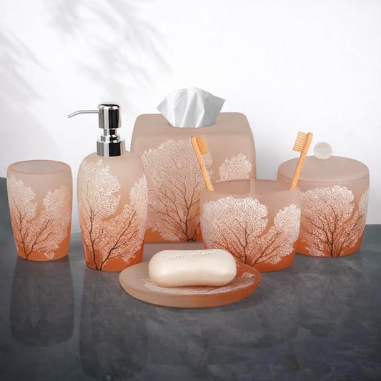 Decozen Bathroom Accessories 6Pcs Set, Soap Dispenser, Toothbrush Holders, Tumbler, Soap Dish & Cotton Swab Jar – Modern Bathroom Decor, Modern Farmhouse Decor, Countertop Accessories, Orange