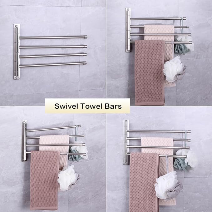 Swivel Towel Bar 4-Arm Bathroom Towel Holder Wall-Mounted Swing Out Towel Rack with Hooks Rustproof Brushed Finish